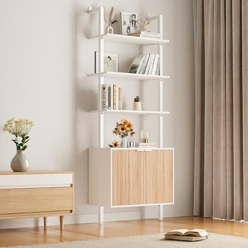 INNOD 74 Tall Bookshelf with Storage Cabinet, Modern Ladder Shelf with Wood and Metal Frame, Wall Mount Bookcase Open Display Shelf Furniture for Living Room, Bedroom, Home Office, White and Oak
