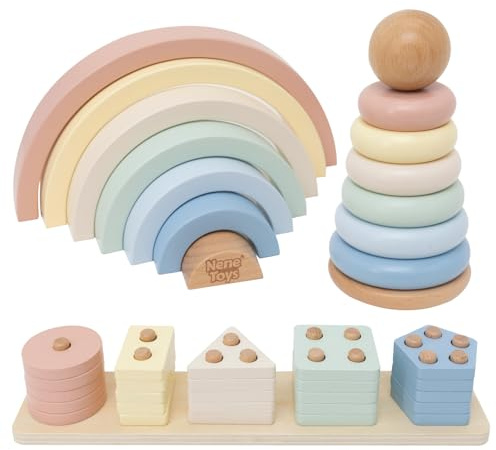 Nene Toys Jouet Montessori en Bois 3-en-1 pour Bébé 1 an – Arc-en-Ciel en Bois, Tour à Empiler & Jeu d’Encastrement – Jouet d’Éveil Enfant 1–3 Ans – Idée Cadeau Fille Garçon – Couleurs Pastel