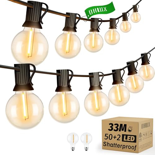 OHLUX LED-belysningskedjor Utomhus 33 m med 52 lampor, Varmvita Plastkul-lampor G40 2200K, Justerbara, Våtbeskyddade, Kopplingsbara för Trädgård, Patio, Veranda och Café-fester, E12-sockel
