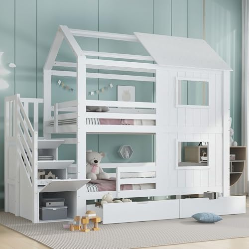 ECLIVON Cama Infantil Litera 90x200 con Escalera, Cama Alta con Ventanas y Cajones, Camas con Protección Anticaídas y Somier de Láminas, Camas Individual para Niñas y Niños, Sin Colchón, Blanco