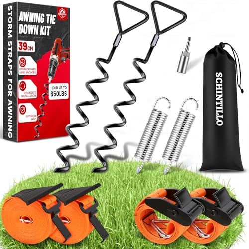 Kit di Fissaggio per Tendalini Cinghie Anti-tempesta per Tendalini di Camper e Roulotte, Protezione Anti-tempesta per Tendalino con Ancoraggi a Spirale da 39cm