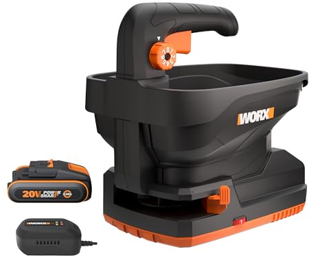 WORX Épandeur sans fil universel 20V WG869E, largeur d’épandage 5 m, réservoir 3,3 L, jusqu’à 550 m² par remplissage, débit réglable, pour engrais et sel de déneigement, avec batterie 2Ah et chargeur