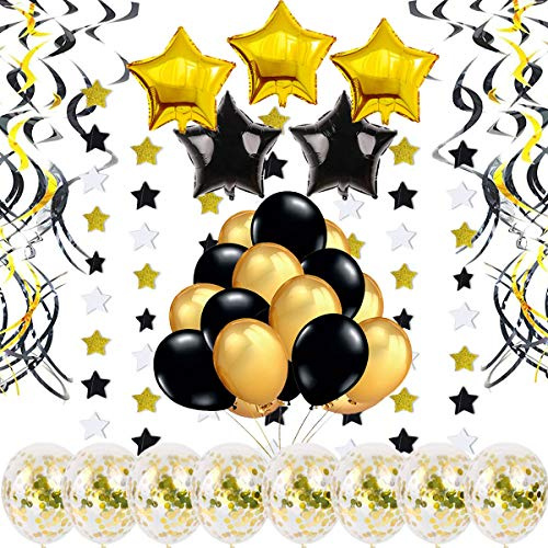 Decorazioni Festa Oro e Nero – 46 Pezzi – per Festa Compleanno con Palloncini Coriandoli, Spirali, Palloncini a Stella, Ghirlande di Stelle e Palloncini Nero e Oro