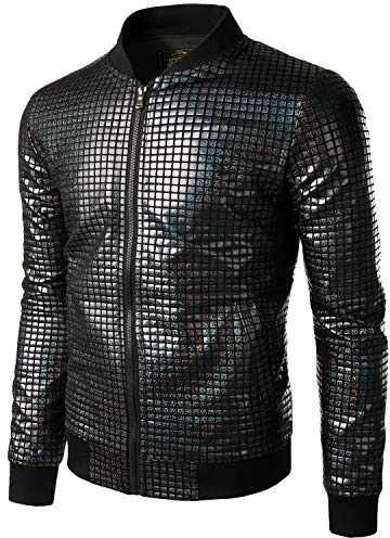 JOGAL - Giacca bomber da baseball da uomo, metallica, con paillettes, anni 70, per discoteca, party, costume, Nero , XXL