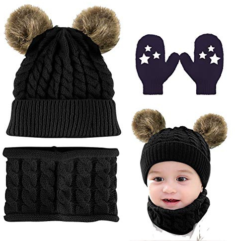 CheChury Cappello A Maglia Bimbo Neonata Cappellino con Sciarpa Set 2Pcs Cappelli Bambina Ragazzo Sciarpa Berretto A Maglia con Pompom Unisex 0-24 Mesi