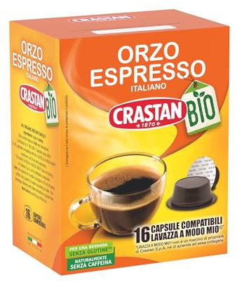 CRASTAN 1870, 16 Capsule, 1 Box da 16 Capsule di Orzo Biologico A Modo Mio, Capsule Compatibili con A Modo Mio, Naturalmente Privo di Caffeina, 100% Made in Italy