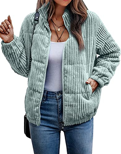 Femmes de Bombardier Veste en Velours Côtelé Nervuré Matelassé Zip Manches Longues Veste d'hiver Automne avec Poches Top Chaud Veste Classique Automne et Veste d'hiver (Vert,XL)