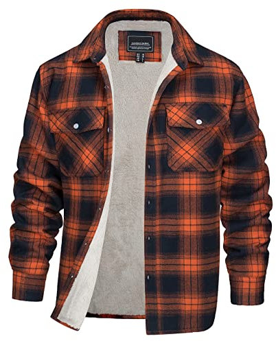 EKLENTSON Mens Long Sleeve Fleece Shirt Jacket Button Down Plaid Shirts Casual Cotton Winter Flannel Shirts Multi Pockets,Orange,M
