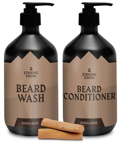 Striking Viking Beard Wash and Conditioner - 10 Fl Oz/Bottle, Sandalwood - Paraben and Sulfate Free Shampoo with Jojoba Oil - Deep Clean Beard Shampoo and Conditioner for All Facial Hair Types