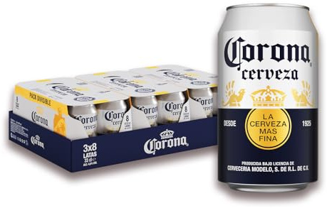 Corona, 3 Packs de 8 Latas x 33 cl, Cerveza Lager Ligera y Refrescante, Con Aroma Ligeramente Afrutado, 4.5% Volumen de Alcohol