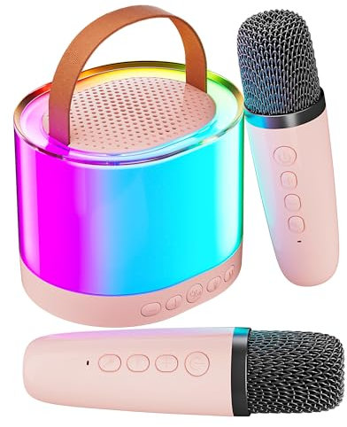 Ankuka Machine Karaoké Portable avec 2 Microphones sans Fil, Enceinte Bluetooth avec Effets Lumineux pour Enfants et Adultes, Support Interface TF/USB (Rose)
