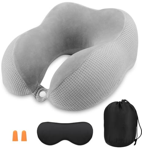 Nackenkissen Flugzeug, Reisekissen Memory Foam, Neck Pillow Travel, Nackenhörnchen Erwachsene, Nackenkissen Reise mit Schlafmaske, Ohrstöpsel, Tasche, ideal für Flugzeugstuhl, Auto, Zuhause, Büro