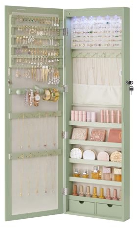 SONGMICS 6 LEDs Mirror Jewelry Cabinet, 47.2-Inch Tall Lockable Wall or Door Mounted Jewelry Armoire Organizer with Mirror, 2 Drawers, 3.9 x 14.6 x 47.2 Inches, Laurel Green UJJC093C01
