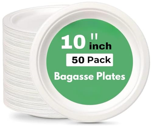 Wrap n Pac 10inch Round Disposable Biodegradable Bagasse Sugarcane Wedding Party Plates Eco Friendly Tableware Plates (10 Inch - Pack of 50)