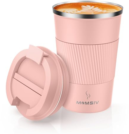 MOMSIV Thermobecher Isolierbecher, 13oz/380ml Rutschfest Edelstahl Travel Mug, Kaffeebecher aus Doppelwandig isoliert Vakuum auslaufsicher Reisebecher mit Deckel Kaffee-to-go Becher, Lila
