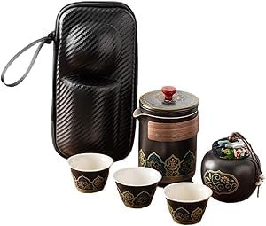 Tragbare Reise Tee Set aus Keramik, Chinesische Kung-Fu-Teekanne, Porzellan Reise Teeservice mit 1 Kanne, 3 Tassen und 1 Teedose für Outdoor Picknick, Reisen, Zuhause, All-in-One-Geschenktüte