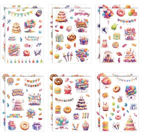 12 Bögen Geburtstagsaufkleber, Selbstklebend Süße Aufkleber Happy Birthday-Aufkleber für Geschenke Karten Umschläge DIY Basteln Dekoration Partygeschenke Zubehör für Kinder (6 Stile)