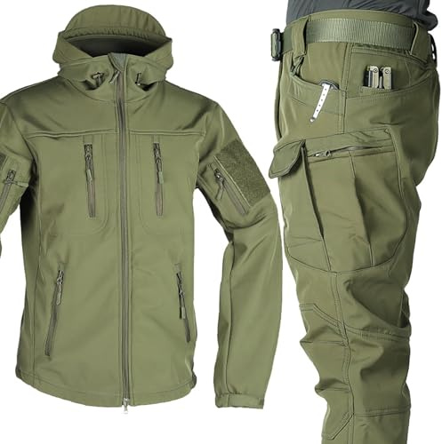 TAUIANE Set Completo da Sci da Uomo in 2 Pezzi, Giacca Softshell, Tuta Snowboard, Set di Tute da Combattimento Militari Impermeabili, Giacca E Pantaloni Tattici, per attività All'Aperto,Verde,M