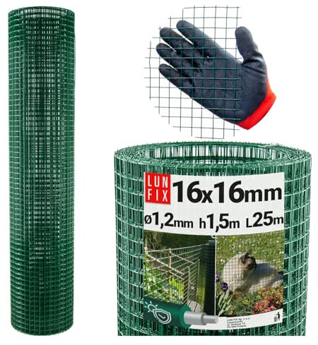 16 x 16 mm, 1,5 x 25 m, filo per voliera, in PVC verde, per galline, rete di protezione, filo di coniglio, spessore 1,2 mm, larghezza maglie 16 x 16 mm, altezza 1,5 m, lunghezza 25 m