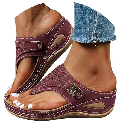 Sandales Femme été Confortable Compensées Plateforme Orthopédique Sandales avec Support Pantoufles en Cuir Mode Tongs Sandales de Marche À Bout Ouvert Flip Flops