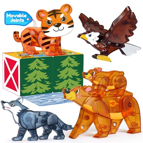 Oriate Magnetiskt spel zoo djur för magnetiska byggklossar, 5 delar rörliga led djur magnetspel för magnetiska byggstenar, magnetspel björn tiger varg djur magneter leksaker från 3 4 5 6 år pojkar