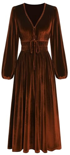 ZAFUL Womens Long Sleeve Velvet Dress 2025 Fall V Neck Holiday Cocktail Party Semi Formal Midi Dresses for Wedding Guest, Brown, Small