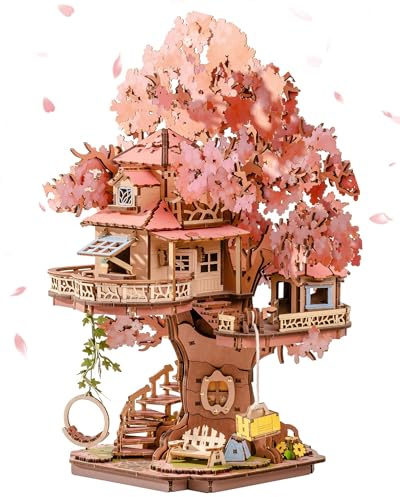 Rolife DIY Miniature House Kits Sakura Tree House 12 3D Wooden Puzzles for Adults, Japanese Cherry Blossom Model Building Kit, Bonsai Craft Home Decor Gifts for Adults Family