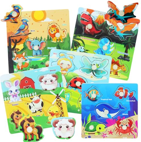 Lot de 5 puzzles Montessori en bois pour tout-petits et enfants, motricité fine, jouets éducatifs, cadeaux pour 1 à 2 à 3 ans