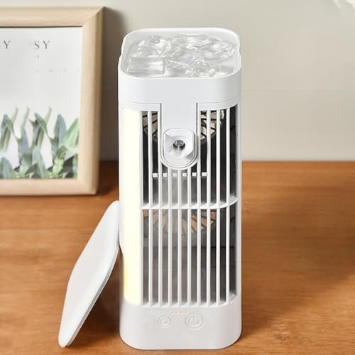 CWOQOCW Mini aire acondicionado portátil USB, ventilador de escritorio, aire acondicionado móvil con luz nocturna, 3 ajustes de velocidad, enfriador de aire de escritorio con gancho (sin duración de