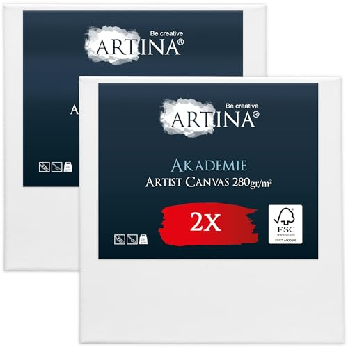 Artina Set de 2 Canvas Toile Peinture Grand Format 60x60 cm – Tableau Peinture Châssis Entoilés en Bois FSC© – Tableau Toile a Peindre Blanche 100% Coton 280g/m² – Toiles à Peindre Stable Akademie