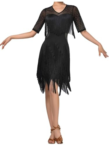 Agoky Donna Abito da Ballo Latino Americano Manica Corta con Strass Vestito da Danza Classica Orlo Asimmetrico Nappa Abito da Pattinaggio Tango Valzer Sala Nero M