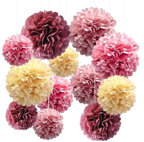 12 Pompon di Carta, Sospeso Pon Pon Carta Velina, 4 Colori Fiori di Cartas Crespa, Pompon di Cartas Seta, Decorazioni con Fiori di Cartas Adatto per Decorazioni di Matrimoni e Feste di Compleanno