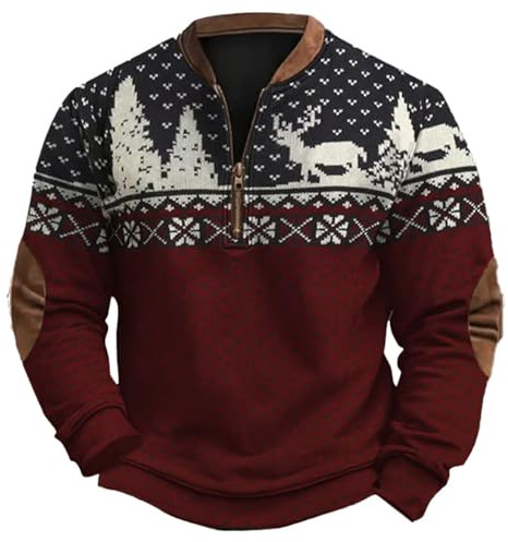Generisch Maglione da uomo in stile norvegese di Natale - Pullover Troyer con motivo di renna e foresta | Top rustico per le festività con toppe sui gomiti, 5XL
