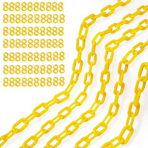 340FT Yellow Plastic Chain Links, Large Safety Chain, Plastic Barrier Chain with 70PCS S-Hooks