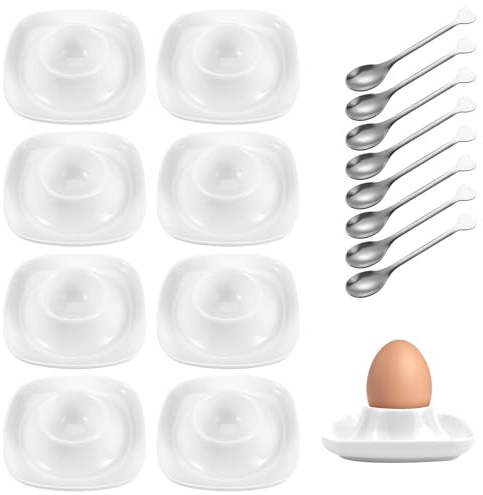 GOMETY 8 hueveras de porcelana, juego de hueveras de cerámica, juego de 8 soportes para huevos de desayuno con 8 cucharas de acero inoxidable, soporte para huevos de porcelana con bandeja cuadrada