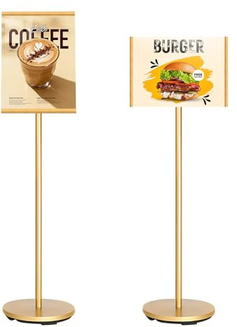 KEBMCHN Floor Sign Holder, Sign Stand with Heavy Round Base – 360° Adjustable with Vertical & Horizontal Display - A4 Poster Stand, Easy Replacement for Events and Retail Displays (Gold)