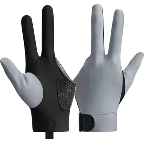 BOSREROY Billiard Pool Glove Left Hand 3 Finger, Polyester Snooker Glove, Breathable Anti-Slip Pool Gloves for Men Women, Gray, 7.1 x 3.5 in, Adjustable Hook and Loop Wrist Strap