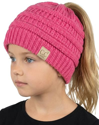 Funky Junque Toddler Girl Ponytail Beanie – Girls Winter Hat, Messy Bun Pony Tail Beanies Ages 2–7, Warm Knit Cap Stretch Fit - Candy Pink
