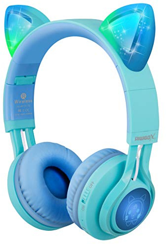 Riwbox Kids Wireless Headphones,CT-7S Cat Ear Kids Bluetooth Headphone Over Ear with Mic Vol. Limits 85dB, LED Light for Phone/Tablet/TV(Blue&Green)