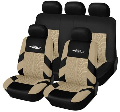 AUTOYOUTH Car Seat Covers Universal Fit Full Set Car Seat Protectors Tire Tracks Car Seat Accessories - 9PCS, Beige