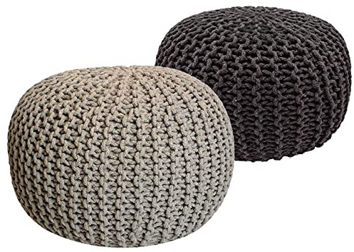 kreatives Wohnen Pouf Set 2 Stück Strickhocker Bodenkissen Grobstrick-Optik Ø 55 cm H 37 cm beige & grau Sitzhocker