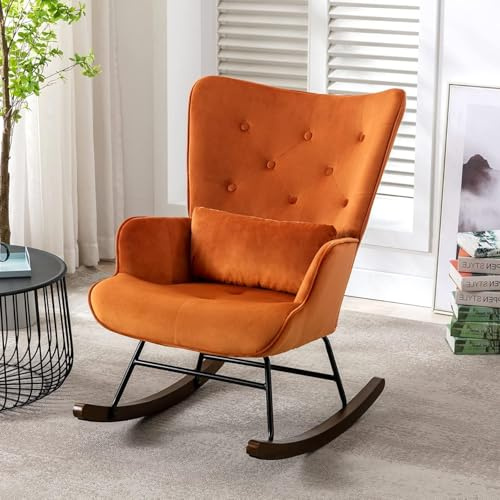HomeMiYN Mecedora escandinava de Terciopelo con Estructura de Metal y Base de Madera, sillón Acolchado para salón, Estilo Retro, Silla de Relax para salón, Dormitorio o habitación Infantil (Caramelo)