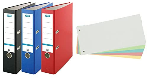 Elba Ordner A4, smart Original, 8 cm breit, 3 Farben, rot/blau/schwarz, 3 Stück & Limit Trennstreifen, aus Karton, gelocht, 180 g/m², 5 Farben, 100 Stück, ‎240 x 105 mm