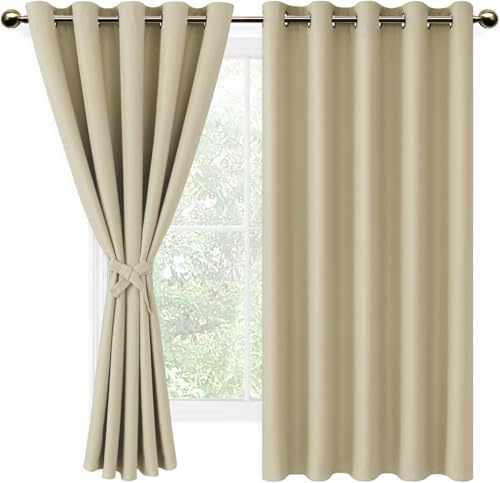 DWCN Light Beige Blackout Curtains with Tiebacks for Bedroom Thermal Insulated Solid Eyelet Curtains for Living Room,2 Panels,66 Wide x 54 Drop