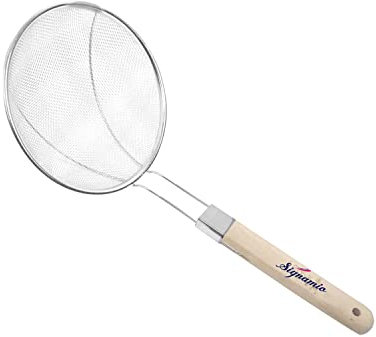 Signamio Diameter 16 cm Stainless Steel Deep Fry Net Spoon Oil Strainer for Kitchen - Frying Spoon for Puri & Poori Strainer Kitchen Utensil for Frying, Cooking & Straining Tool Wood Handle
