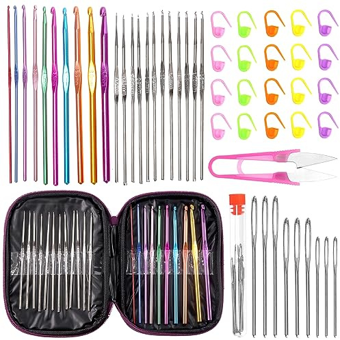 Swpeet, set di 53 pezzi con 22 misure e 11 colori di uncinetti in alluminio, ferri da maglia ergonomici, inclusi uncinetti, aghi per filato, segnapunti, custodia per uncinetti, forbici