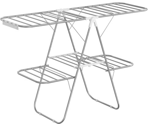 SONGMICS 2-Level Clothes Airer, Foldable Clothes Drying Rack, Free-Standing Laundry Rack with Adjustable Wings, Indoor Outdoor Use, Bed Linen Clothing, Silver and White LLR053W01V1