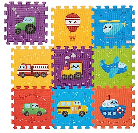Relaxdays Tapis de Jeu, 9 pièces, avec véhicules, sans substances nocives, Lavable, Mousse EVA, Multicolore