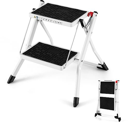 COSTWAY 2 Step Ladder, Folding Tread Stepladder with Extra Wide Platform, Handle and Non-slip Foot Mats, 150kg Capacity Portable Safety Household Ladder Stool