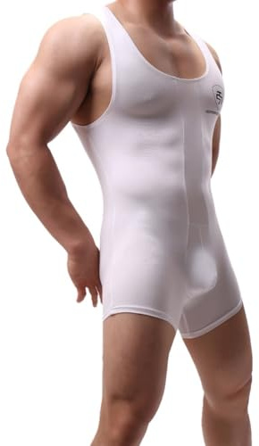 Juflam Herr modal bomull ett stycke bodysuit brottning singlet atletisk leotard underkläder gym sportkläder undertröja, Vit, M